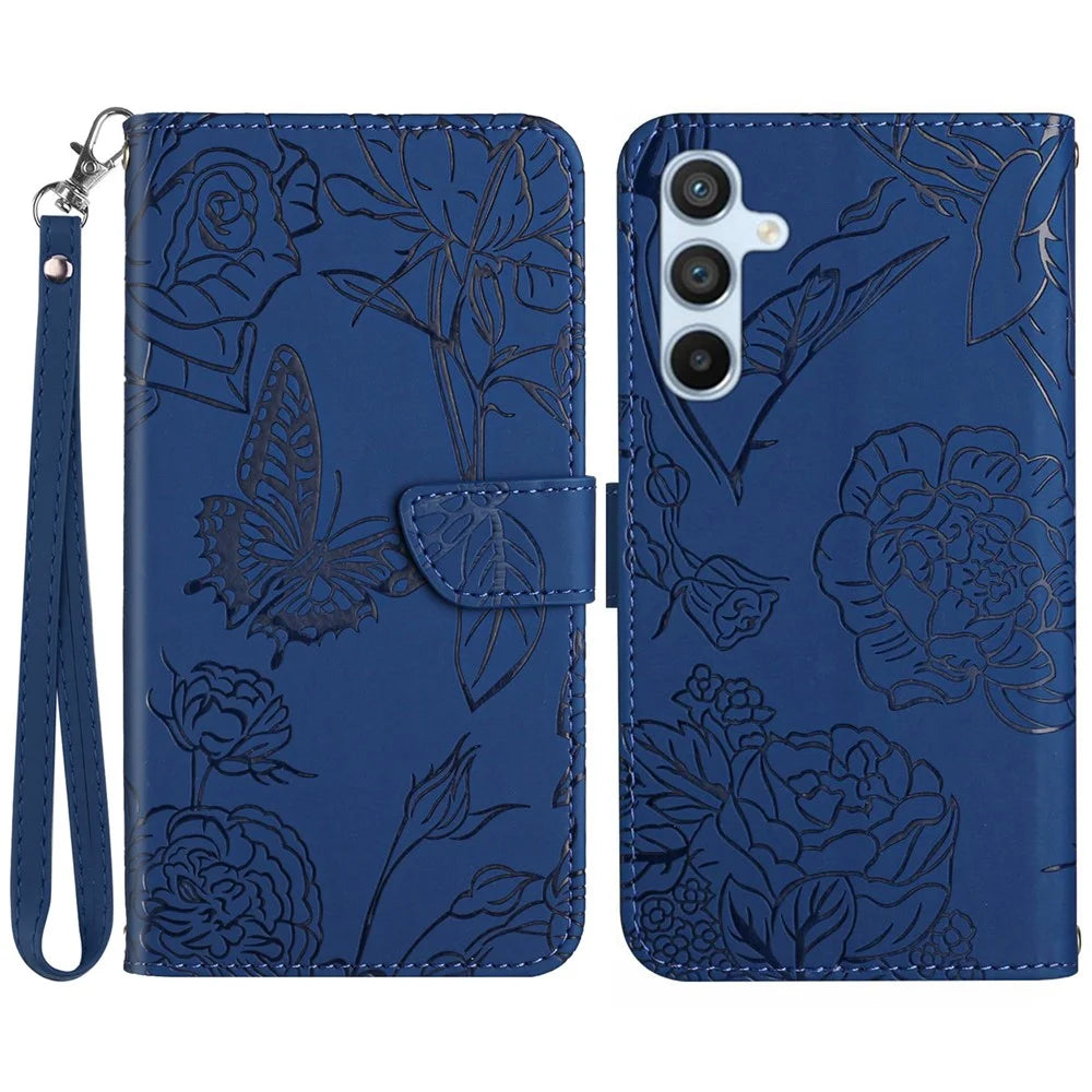 HT03 For Samsung Galaxy S24+ Case Leather Wallet Imprinted Cellphone Cover with Hand Strap - Blue - 1