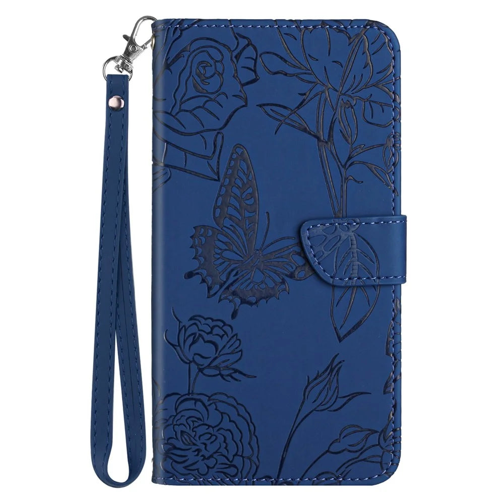 HT03 For Samsung Galaxy S24+ Case Leather Wallet Imprinted Cellphone Cover with Hand Strap - Blue - 7