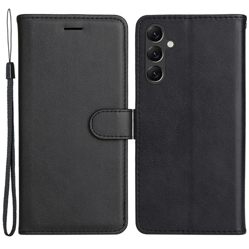 For Samsung Galaxy A05s 4G Case Solid Color Leather Mobile Cover Wallet Stand with Strap - Black - 1