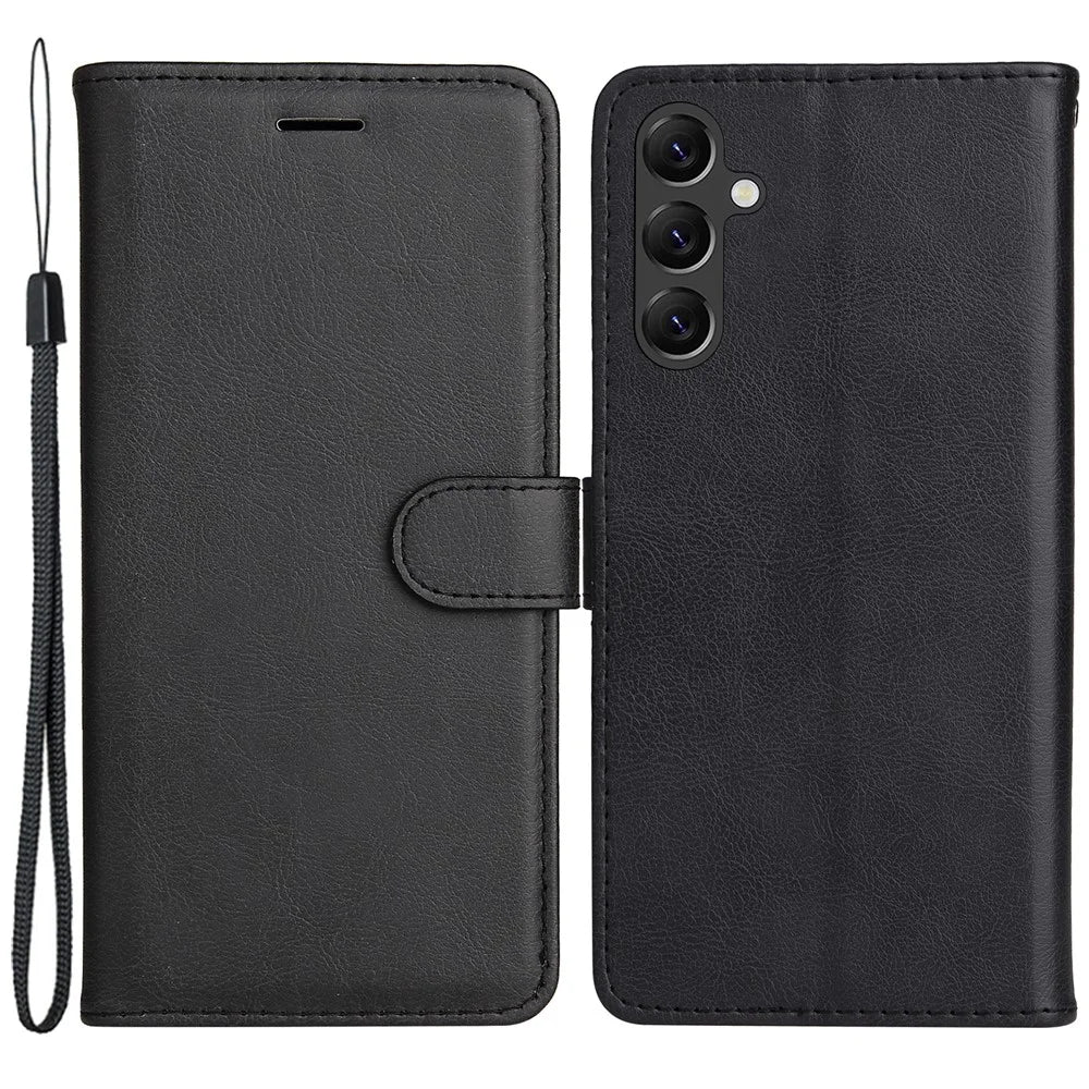 For Samsung Galaxy A05s 4G Case Solid Color Leather Mobile Cover Wallet Stand with Strap - Black - 1