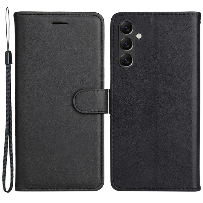For Samsung Galaxy A05s 4G Case Solid Color Leather Mobile Cover Wallet Stand with Strap - Black - 1