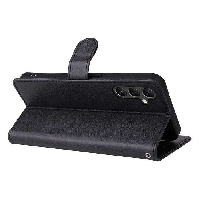 For Samsung Galaxy A05s 4G Case Solid Color Leather Mobile Cover Wallet Stand with Strap - Black - 4