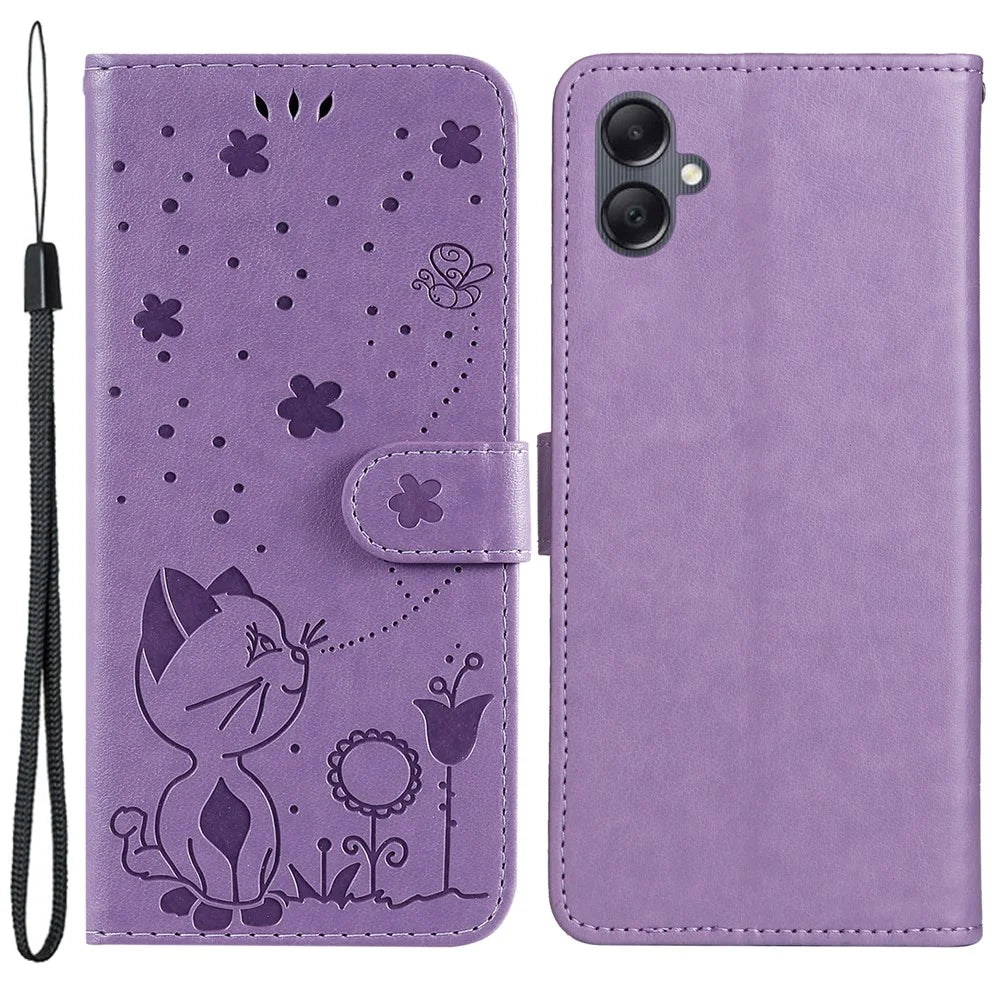 For Samsung Galaxy A05 4G Leather Case Cat Bee Pattern Phone Cover Wallet Stand with Strap - Purple - 1