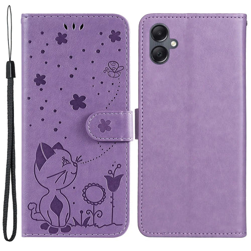 For Samsung Galaxy A05 4G Leather Case Cat Bee Pattern Phone Cover Wallet Stand with Strap - Purple - 1