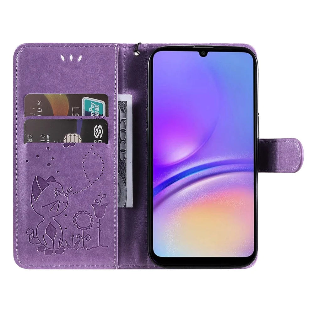 For Samsung Galaxy A05 4G Leather Case Cat Bee Pattern Phone Cover Wallet Stand with Strap - Purple - 2