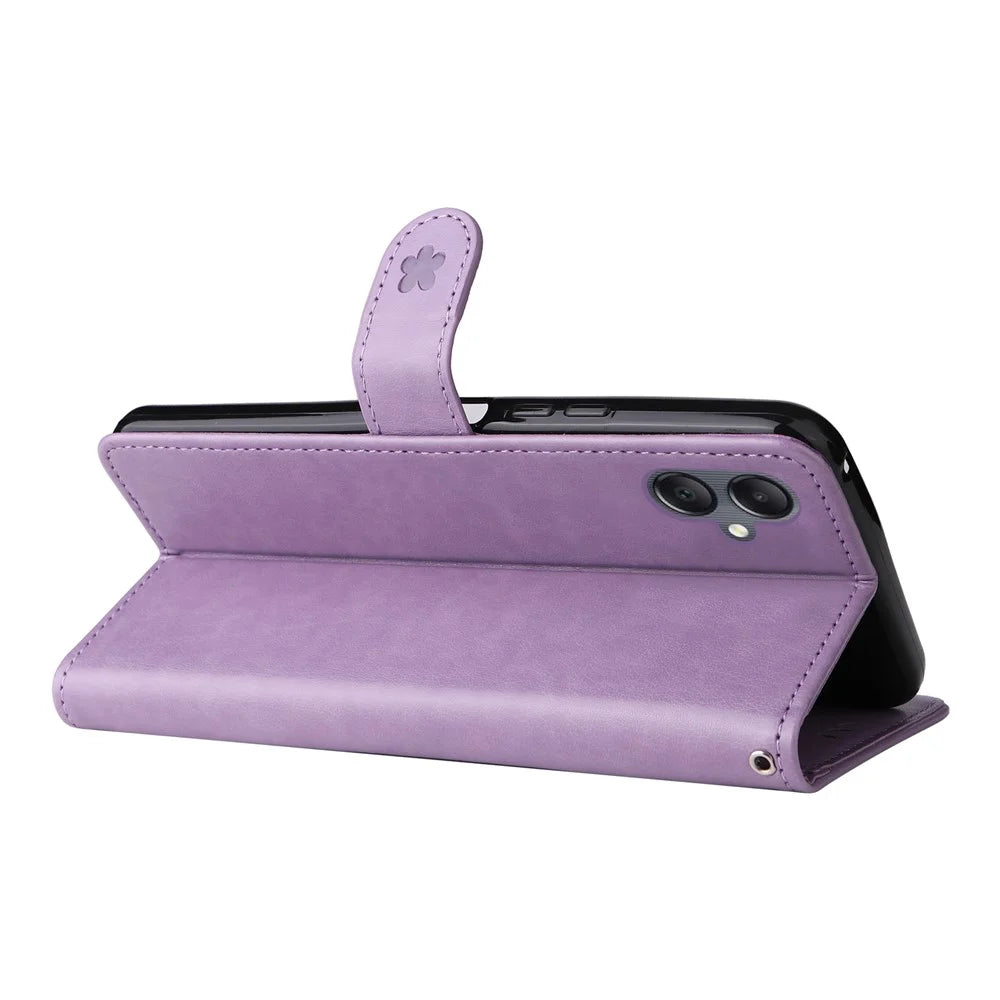 For Samsung Galaxy A05 4G Leather Case Cat Bee Pattern Phone Cover Wallet Stand with Strap - Purple - 3