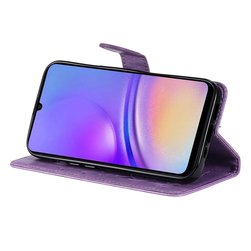 For Samsung Galaxy A05 4G Leather Case Cat Bee Pattern Phone Cover Wallet Stand with Strap - Purple - 4