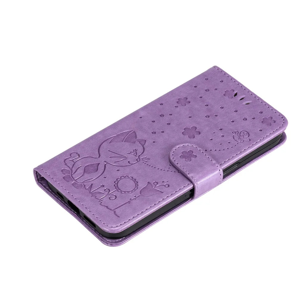 For Samsung Galaxy A05 4G Leather Case Cat Bee Pattern Phone Cover Wallet Stand with Strap - Purple - 5