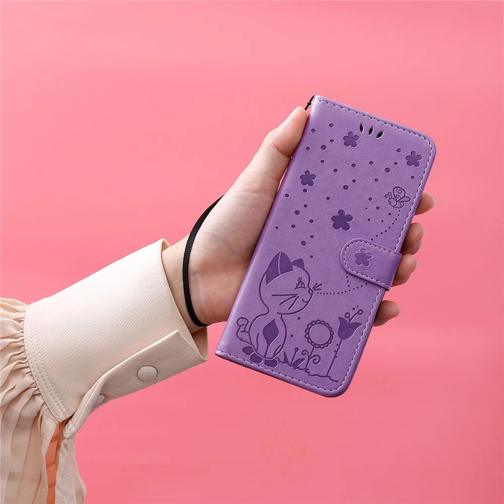 For Samsung Galaxy A05 4G Leather Case Cat Bee Pattern Phone Cover Wallet Stand with Strap - Purple - 6