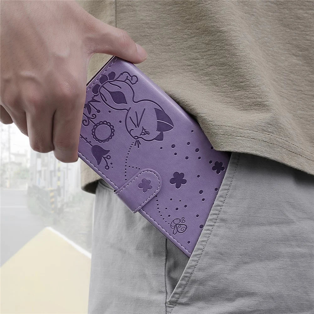 For Samsung Galaxy A05 4G Leather Case Cat Bee Pattern Phone Cover Wallet Stand with Strap - Purple - 7