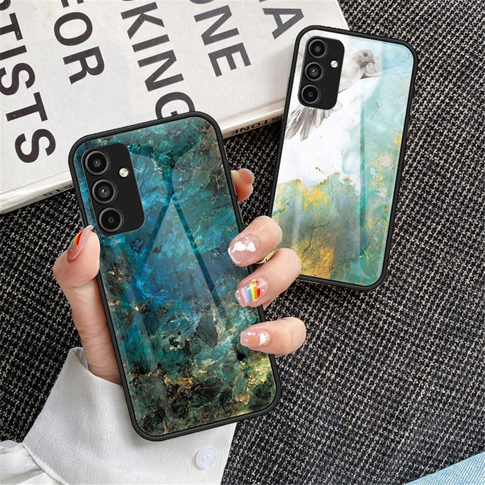 For Samsung Galaxy A15 4G Cover Fall Proof Marble Pattern Tempered Glass+PC+TPU Shell - Blood Red Marble - 6