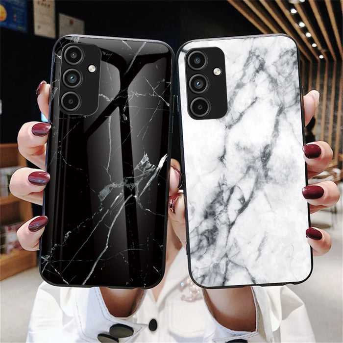 For Samsung Galaxy A15 4G Cover Fall Proof Marble Pattern Tempered Glass+PC+TPU Shell - Blood Red Marble - 7