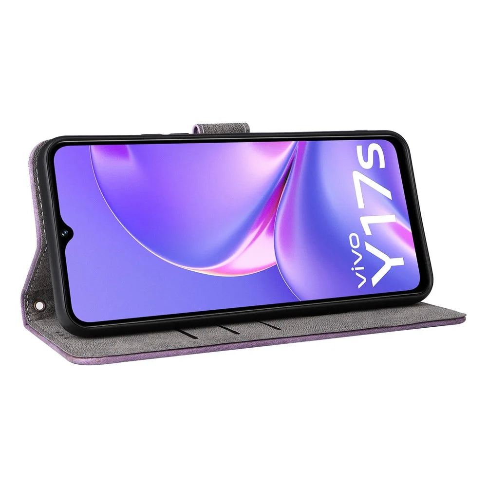 For vivo Y17s 4G / Y28 5G / Y33t (2023) V2317A Case Bump Proof RFID Blocking Phone Cover with Strap - Purple - 3