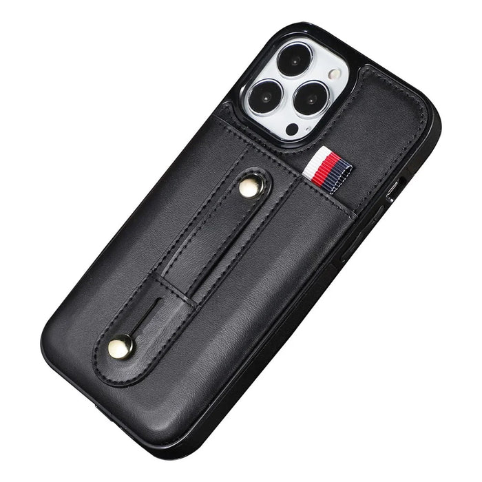 For iPhone 15 Pro Case Hand Strap Kickstand Phone Cover with Card Holder - Black - 1