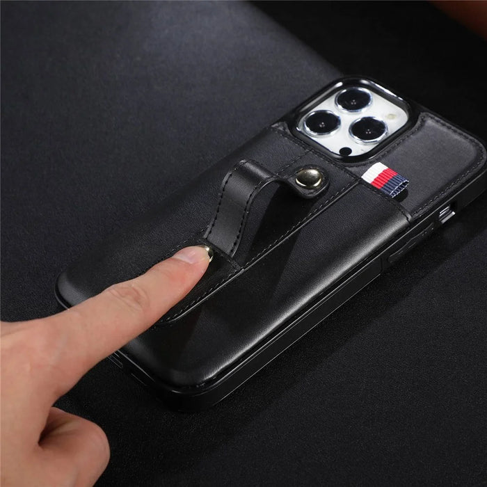 For iPhone 15 Pro Case Hand Strap Kickstand Phone Cover with Card Holder - Black - 2