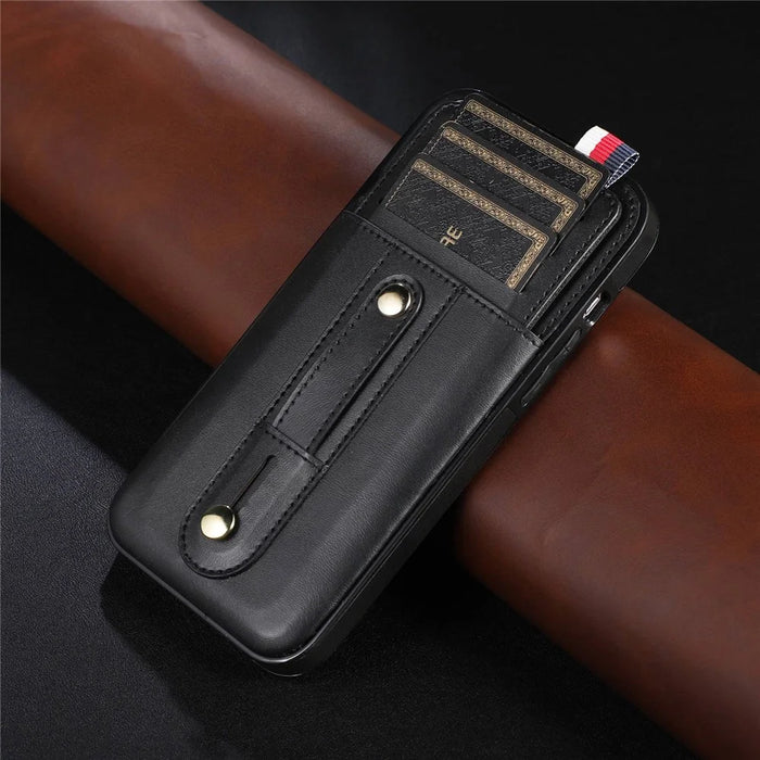 For iPhone 15 Pro Case Hand Strap Kickstand Phone Cover with Card Holder - Black - 5