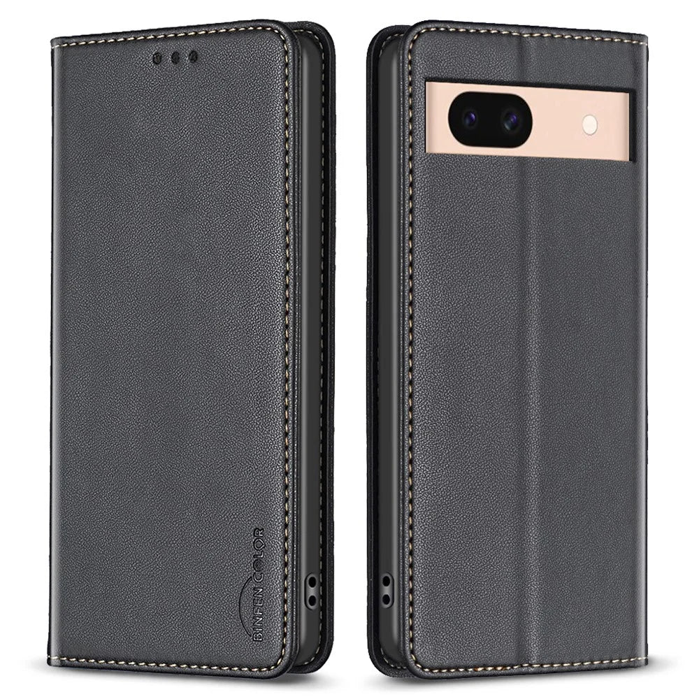 BINFEN COLOR BF18 For Google Pixel 8a Case PU Leather Phone Cover with Card Slots - Black - 1