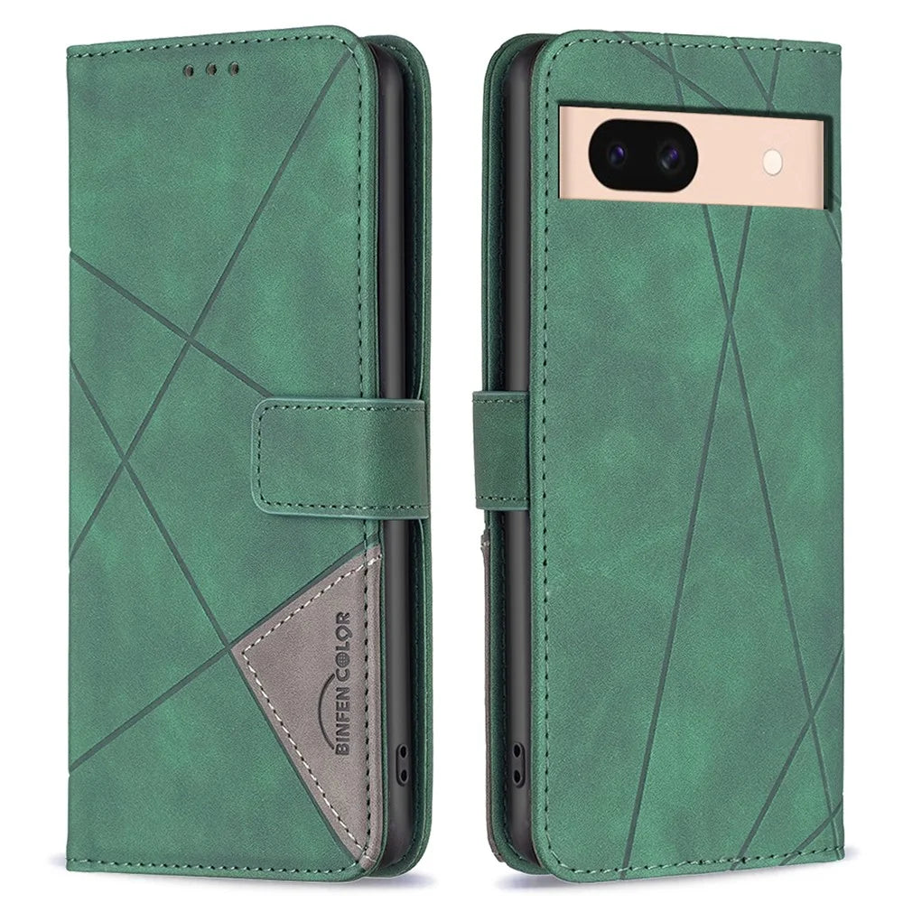 BINFEN COLOR For Google Pixel 8a Phone Cases Wallet Stand Geometry Imprint Leather Cover - Green - 1