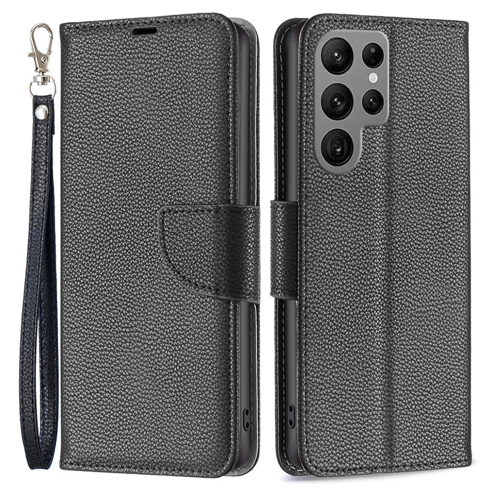 For Samsung Galaxy S24 Ultra Wallet Case with Wrist Strap Litchi Texture Leather Phone Stand Cover - Black - 1