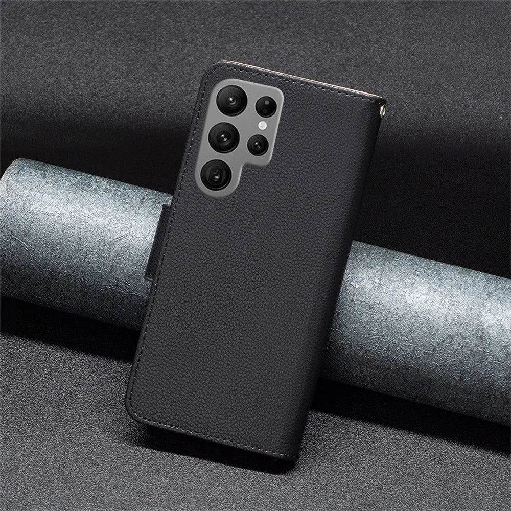 For Samsung Galaxy S24 Ultra Wallet Case with Wrist Strap Litchi Texture Leather Phone Stand Cover - Black - 6