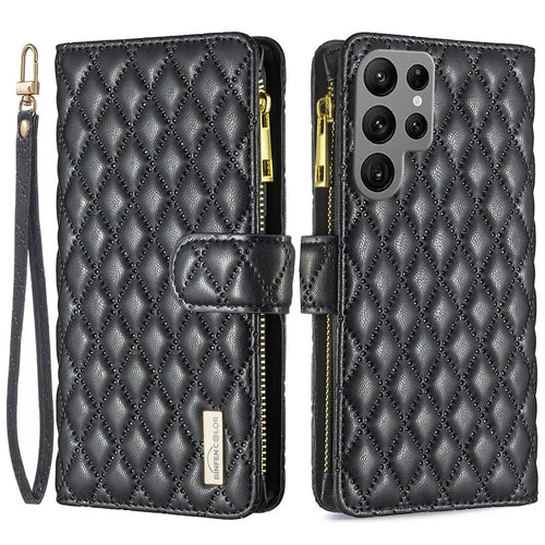 BINFEN COLOR BF Style-15 For Samsung Galaxy S24 Ultra Leather Case Zipper Wallet Phone Cover - Black - 1