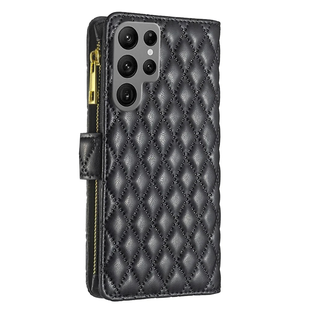 BINFEN COLOR BF Style-15 For Samsung Galaxy S24 Ultra Leather Case Zipper Wallet Phone Cover - Black - 6