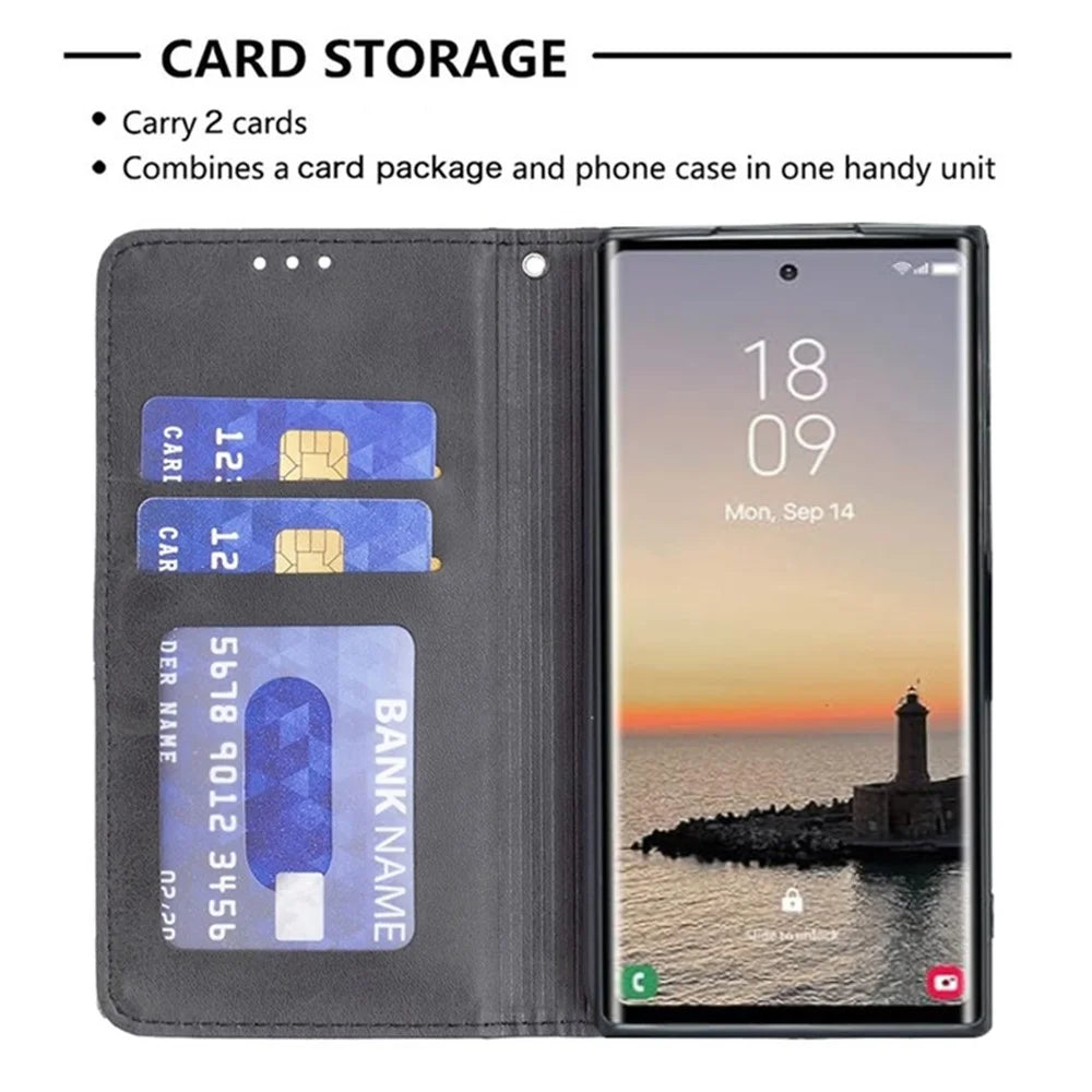 For Samsung Galaxy S24 Ultra Case Magnetic Closing PU Leather Phone Cover with Card Slots - Black - 2