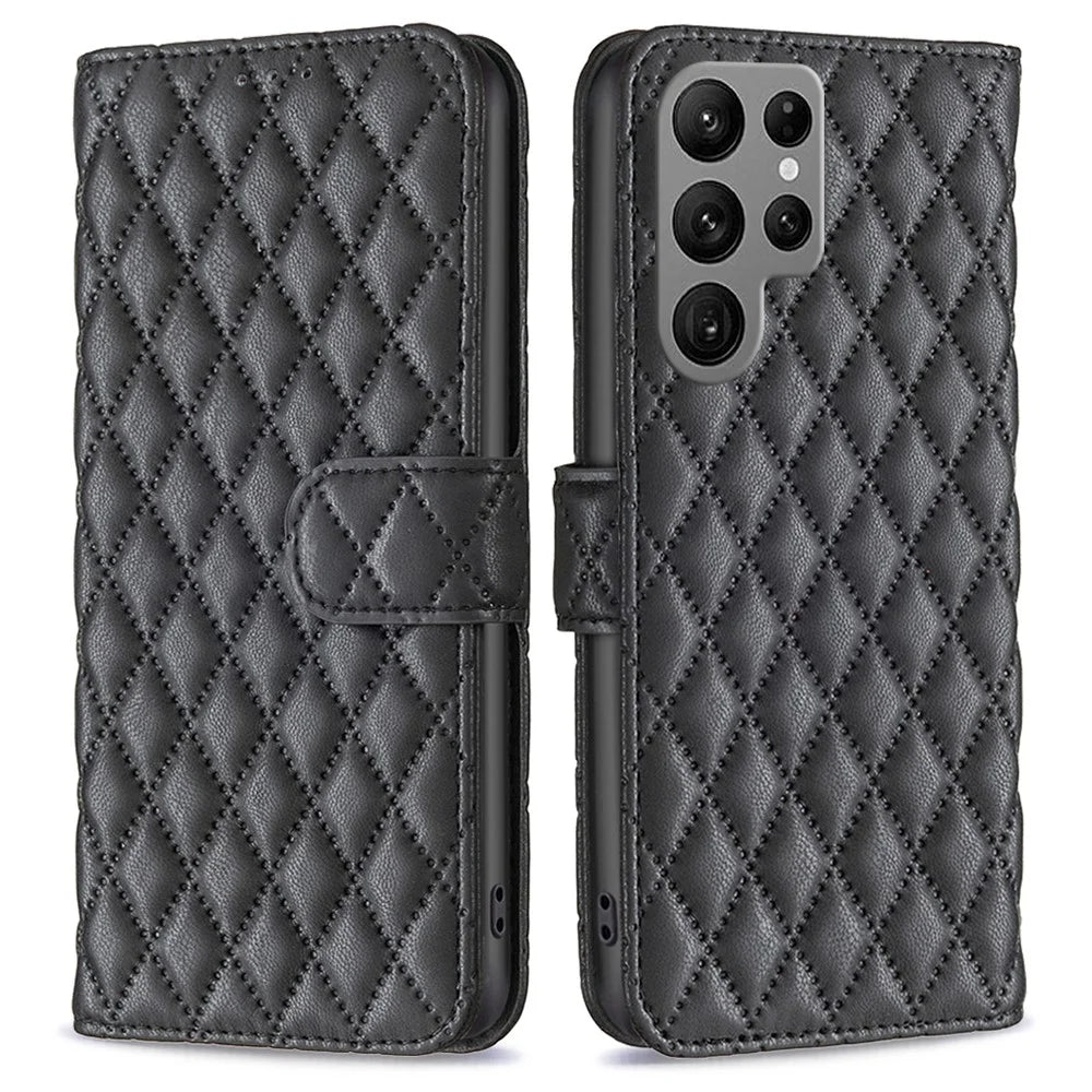 BINFEN COLOR BF Style-14 For Samsung Galaxy S24 Ultra Case Wallet Imprinted Leather Cover - Black - 1