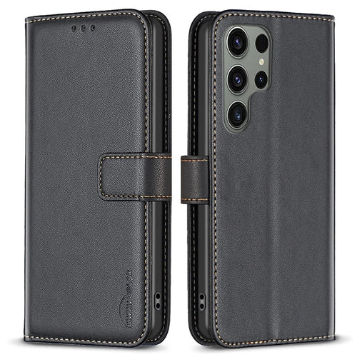 BINFEN COLOR BF17 For Samsung Galaxy S24 Ultra Leather Case Stand Phone Cover - Black - 1