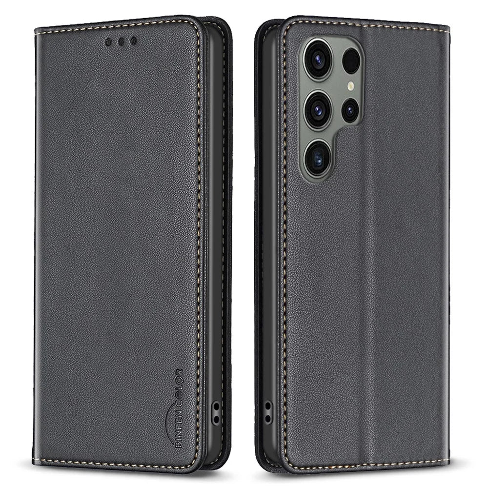 BINFEN COLOR BF18 For Samsung Galaxy S24 Ultra Case Card Holder Magnetic Closing Cover - Black - 1