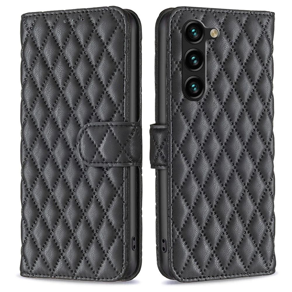 BINFEN COLOR BF Style-14 For Samsung Galaxy S25+ / S24+ Case Rhombus Imprinted Phone Leather Cover - Black - 1