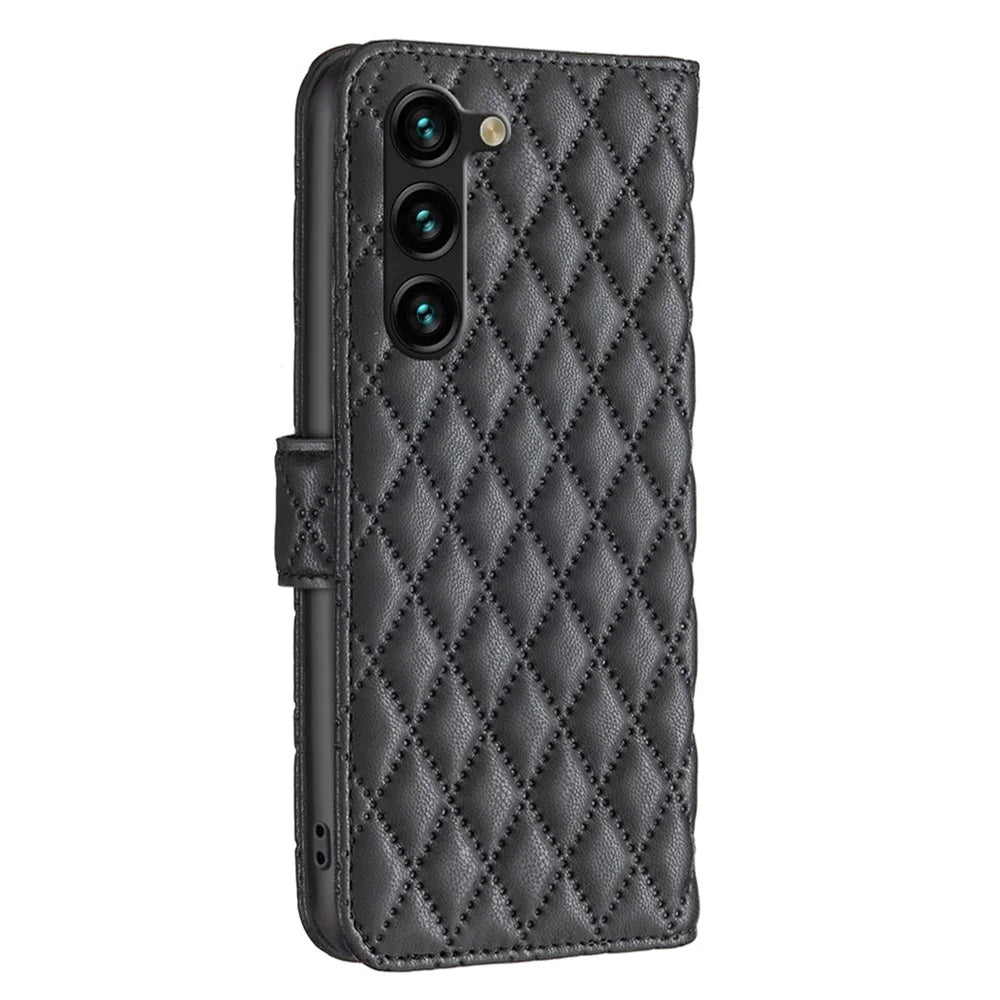 BINFEN COLOR BF Style-14 For Samsung Galaxy S25+ / S24+ Case Rhombus Imprinted Phone Leather Cover - Black - 5