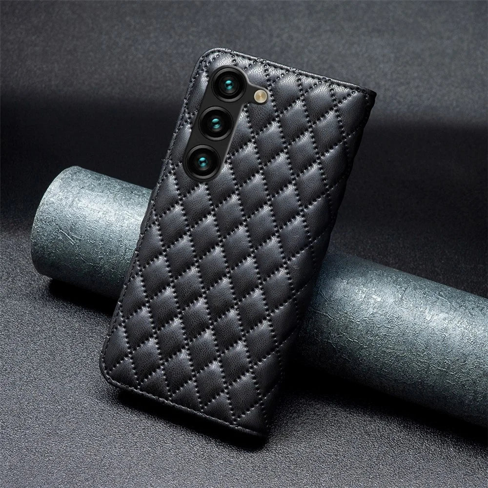 BINFEN COLOR BF Style-14 For Samsung Galaxy S25+ / S24+ Case Rhombus Imprinted Phone Leather Cover - Black - 6
