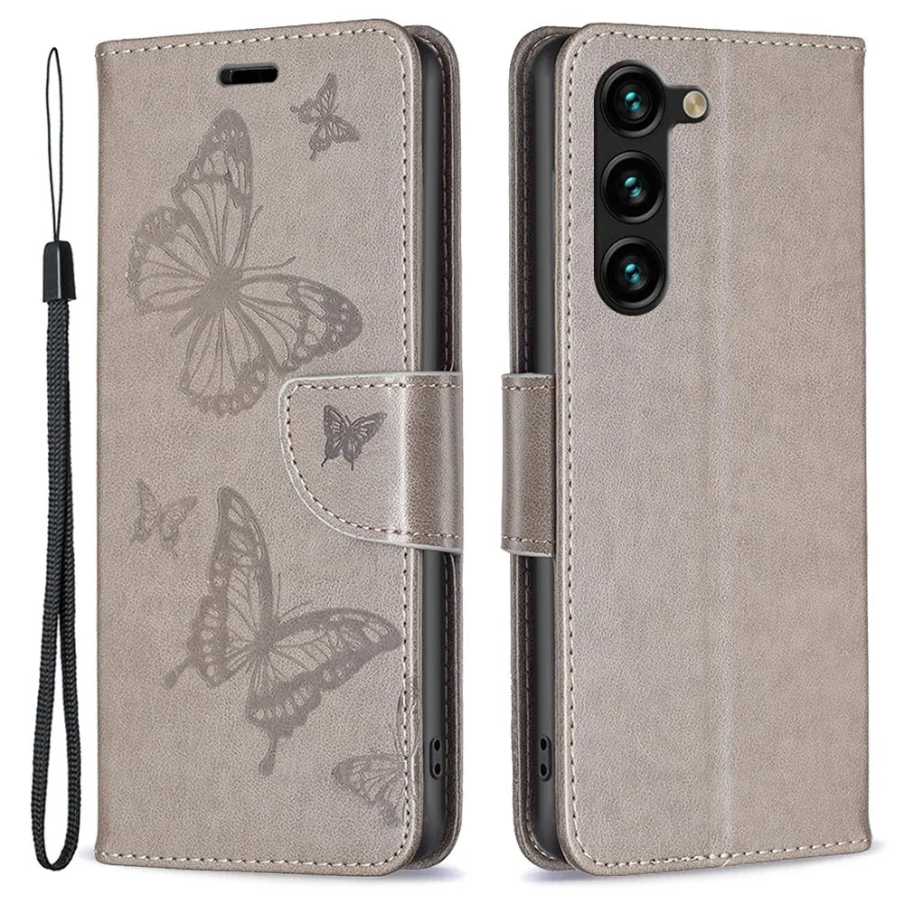 For Samsung Galaxy S25+ / S24+ Case Butterfly Imprinted PU Leather Wallet Cover - Grey - 1