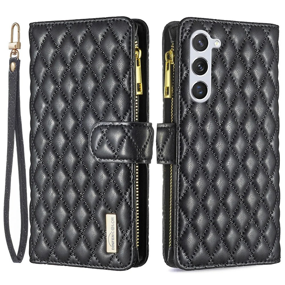 BINFEN COLOR BF Style-15 For Samsung Galaxy S25+ / S24+ Leather Phone Case Zipper Pocket Wallet Phone Cover - Black - 1