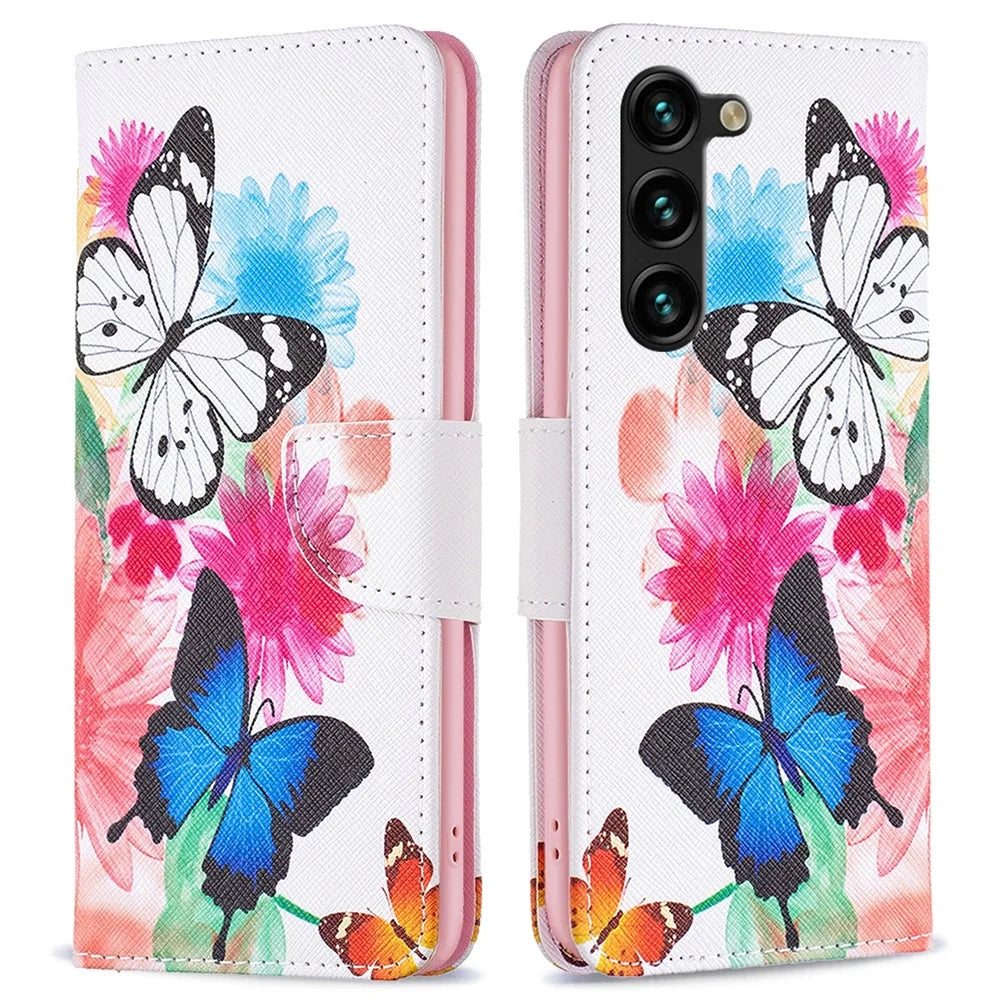 For Samsung Galaxy S25+ / S24+ Case PU Leather Pattern Flip Wallet Smart Phone Cover - Two Butterflies - 1