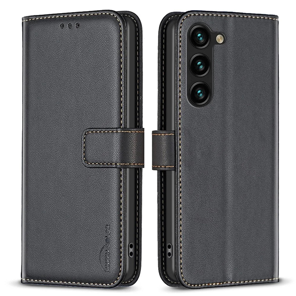 BINFEN COLOR BF17 For Samsung Galaxy S25+ / S24+ Dustproof PU Leather Case Stand Phone Cover - Black - 1