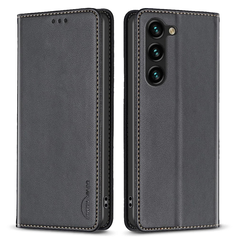 BINFEN COLOR BF18 For Samsung Galaxy S25 / S24 Case Card Holder PU Leather Cell Phone Cover - Black - 1