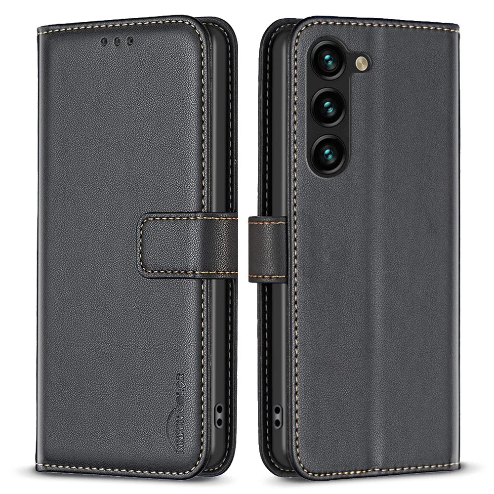 BINFEN COLOR BF17 For Samsung Galaxy S25 / S24 Case Leather Wallet Phone Cover with Stand - Black - 1