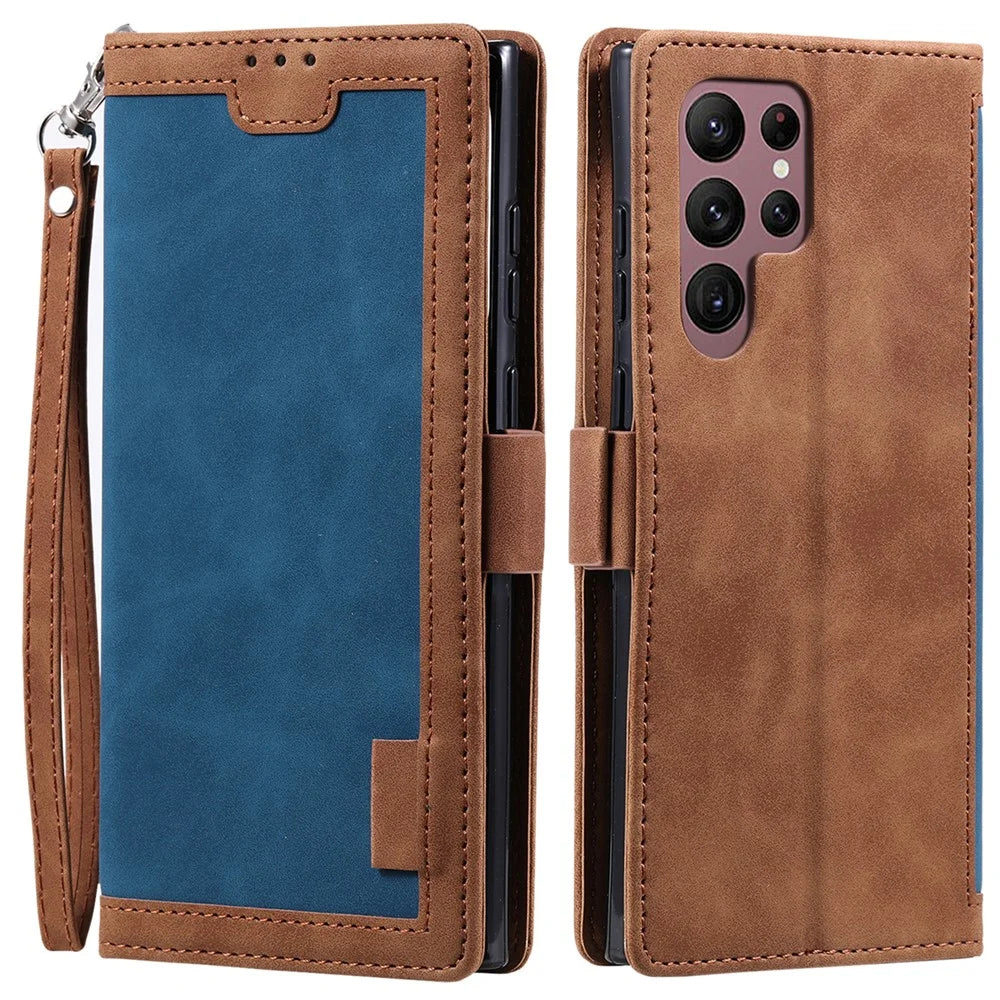For Samsung Galaxy S24 Ultra Leather Case Retro Splicing Phone Cover with Strap - Blue - 1
