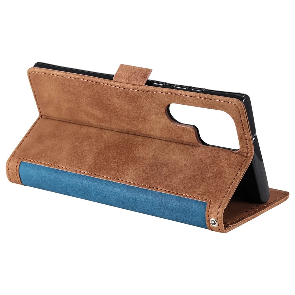 For Samsung Galaxy S24 Ultra Leather Case Retro Splicing Phone Cover with Strap - Blue - 3