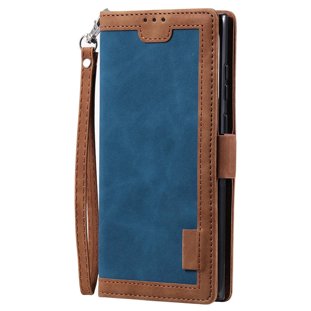 For Samsung Galaxy S24 Ultra Leather Case Retro Splicing Phone Cover with Strap - Blue - 4