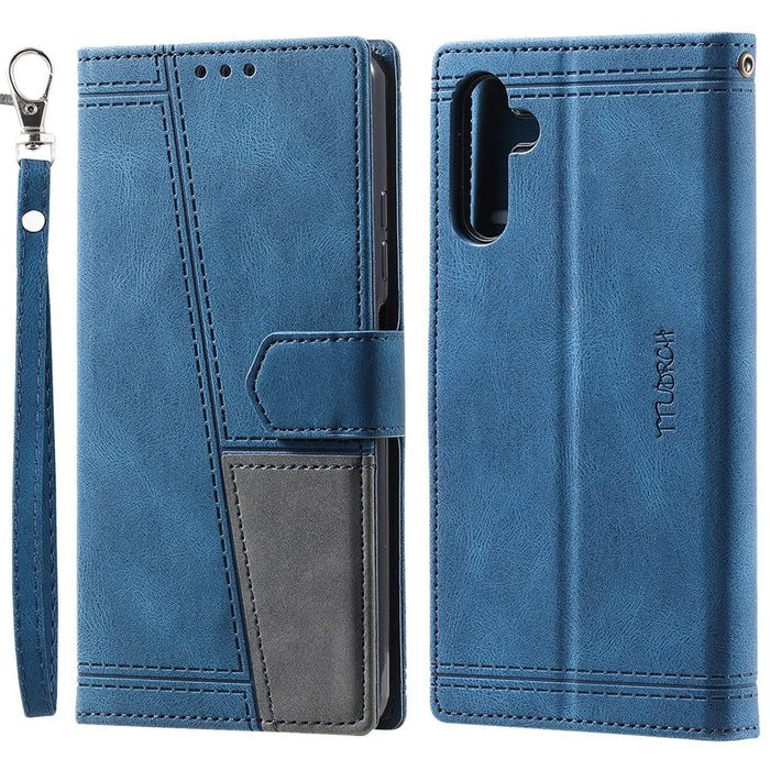 TTUDRCH Style 004 for Samsung Galaxy S24 Leather Case RFID Blocking Splicing Wallet Cover - Blue - 1