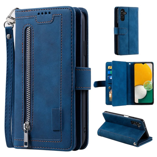 For Samsung Galaxy S24 Case Wallet Phone Stand Cover with 9 Card Slots - Blue - 1