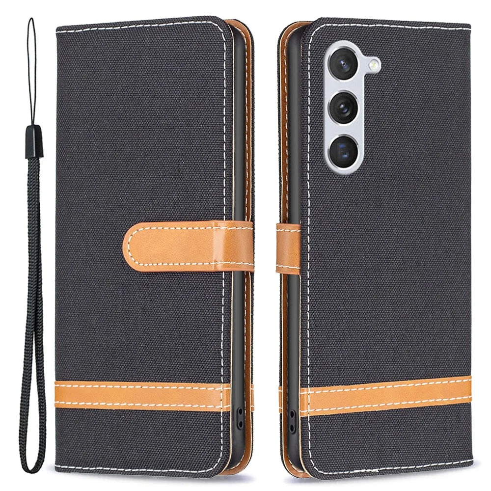 For Samsung Galaxy S25 / S24 Case Jeans Cloth Splicing PU Leather Stand Phone Cover - Black - 1