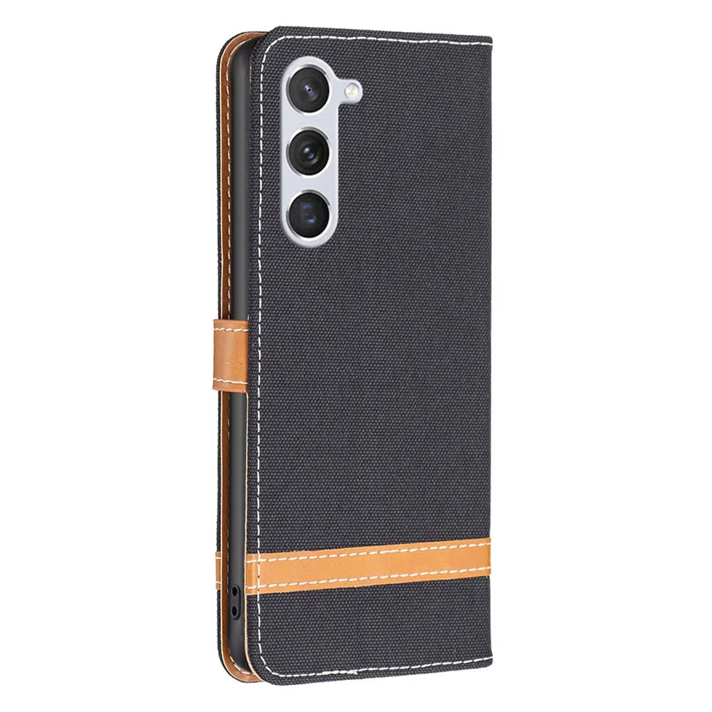 For Samsung Galaxy S25 / S24 Case Jeans Cloth Splicing PU Leather Stand Phone Cover - Black - 5