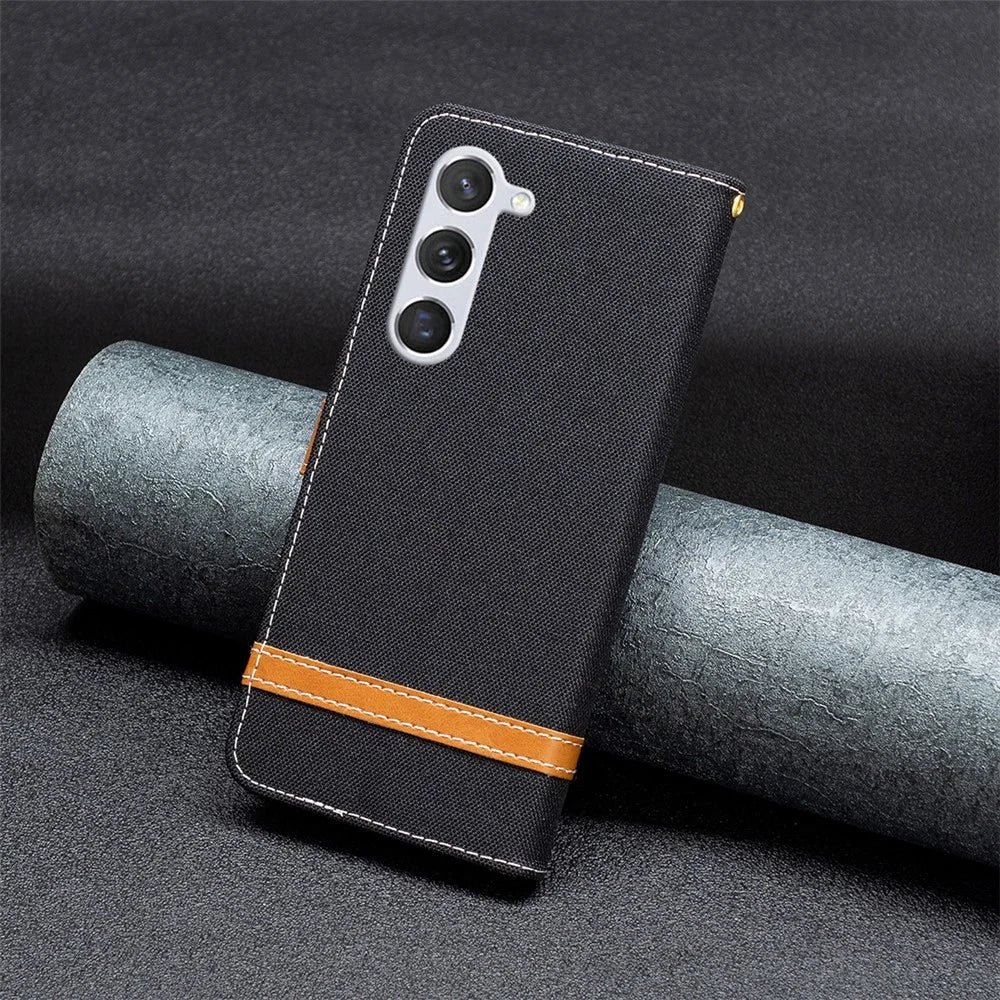 For Samsung Galaxy S25 / S24 Case Jeans Cloth Splicing PU Leather Stand Phone Cover - Black - 6