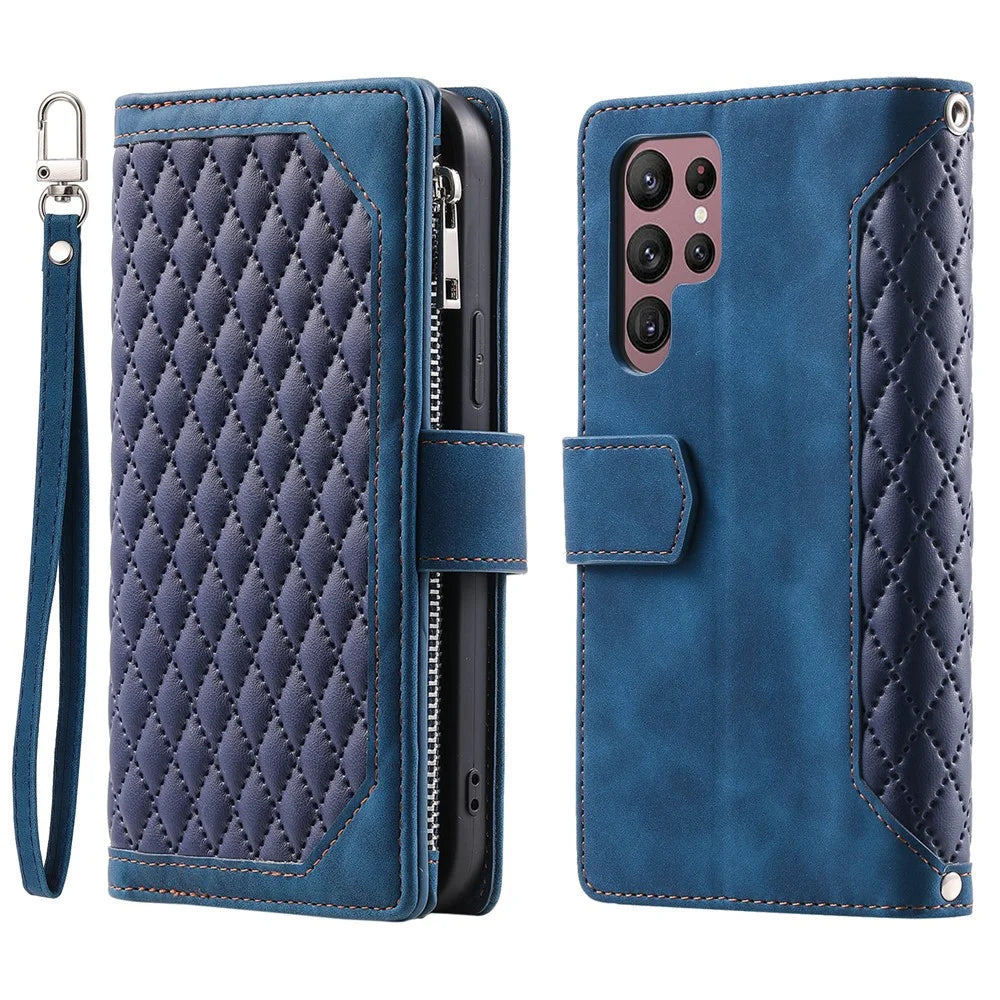 For Samsung Galaxy S24 Ultra Case Zipper Pocket Rhombus Leather Cover with Strap - Blue - 1
