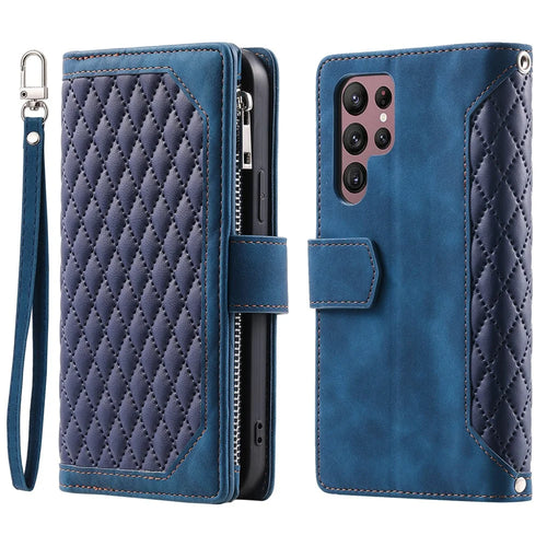 For Samsung Galaxy S24 Ultra Case Zipper Pocket Rhombus Leather Cover with Strap - Blue - 1