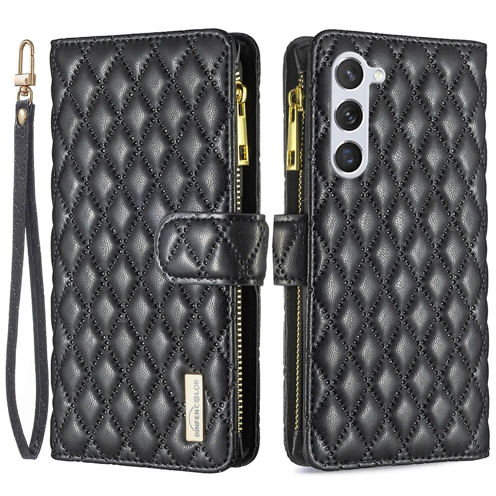 BINFEN COLOR BF Style-15 For Samsung Galaxy S25 / S24 Leather Case Zipper Pocket Wallet Phone Cover - Black - 1
